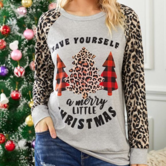 LAST ONE! Christmas Leopard Buffalo Check Long Sleeve Shirt - Picture 1 of 8